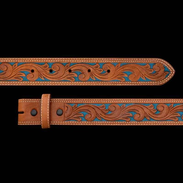 "The Live Oak Custom Leather Belt adds a pop of color to accompany your classic western style. Crafted on high quality top grain leather. This belt is double stitched and features a beautiful tooling pattern on top of a hand painted base with the col